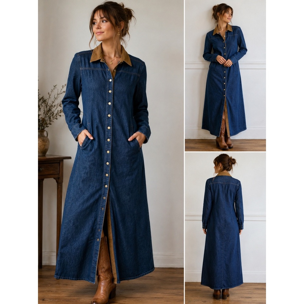 JG Hook Denim Maxi Dress Womens 14 Blue Corduroy Collar snap Long Duster 90s Y2K